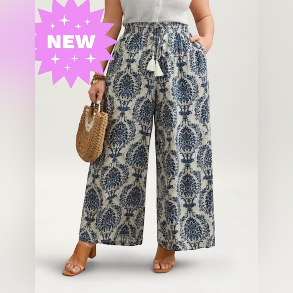 NWT Boho 💙👡 Baroque elastic pants Navy and Tan wide leg size large